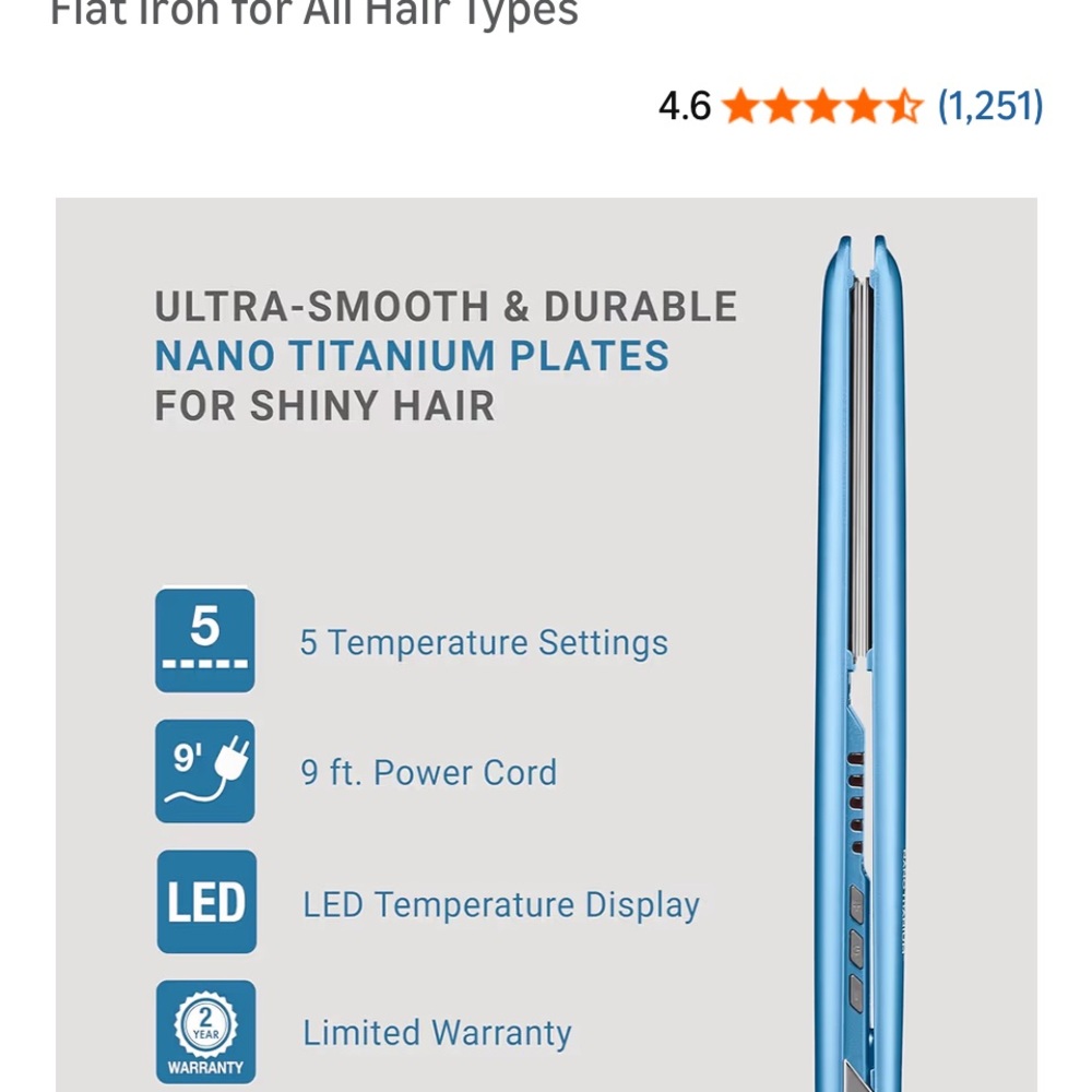 BaBylissPRO Nano Titanium 1" Blue Flat Iron - Picture 5 of 8